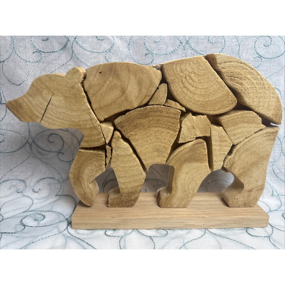 Rustic Wooden Bear Figurine Cabin Lodge Decor Natural Wood Slice Sculpture 12x8"